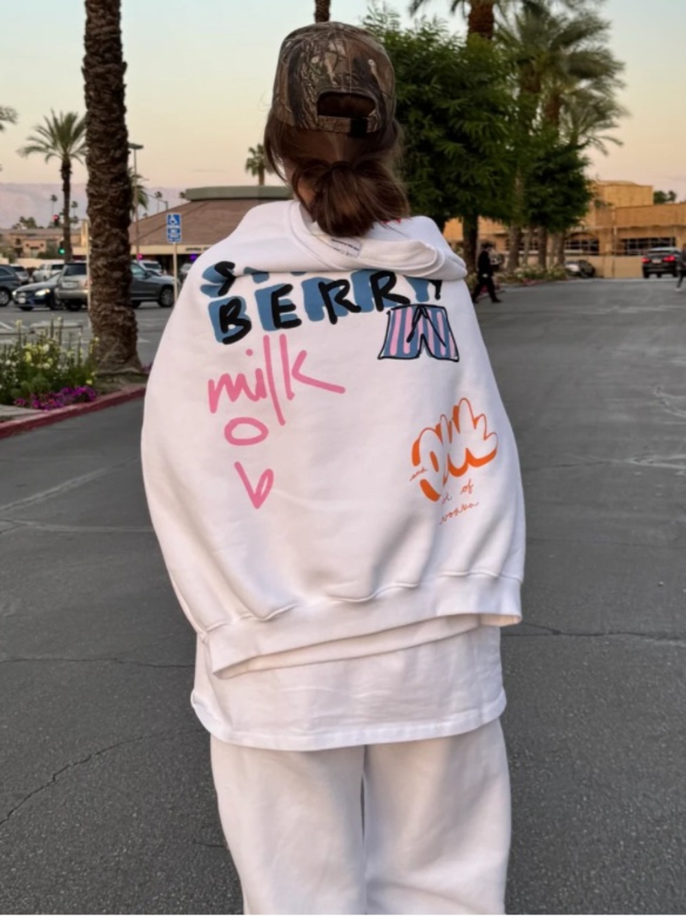 Strawberry Milk Mob White Graphic Back-Print Crewneck โMilkchella Dropโ